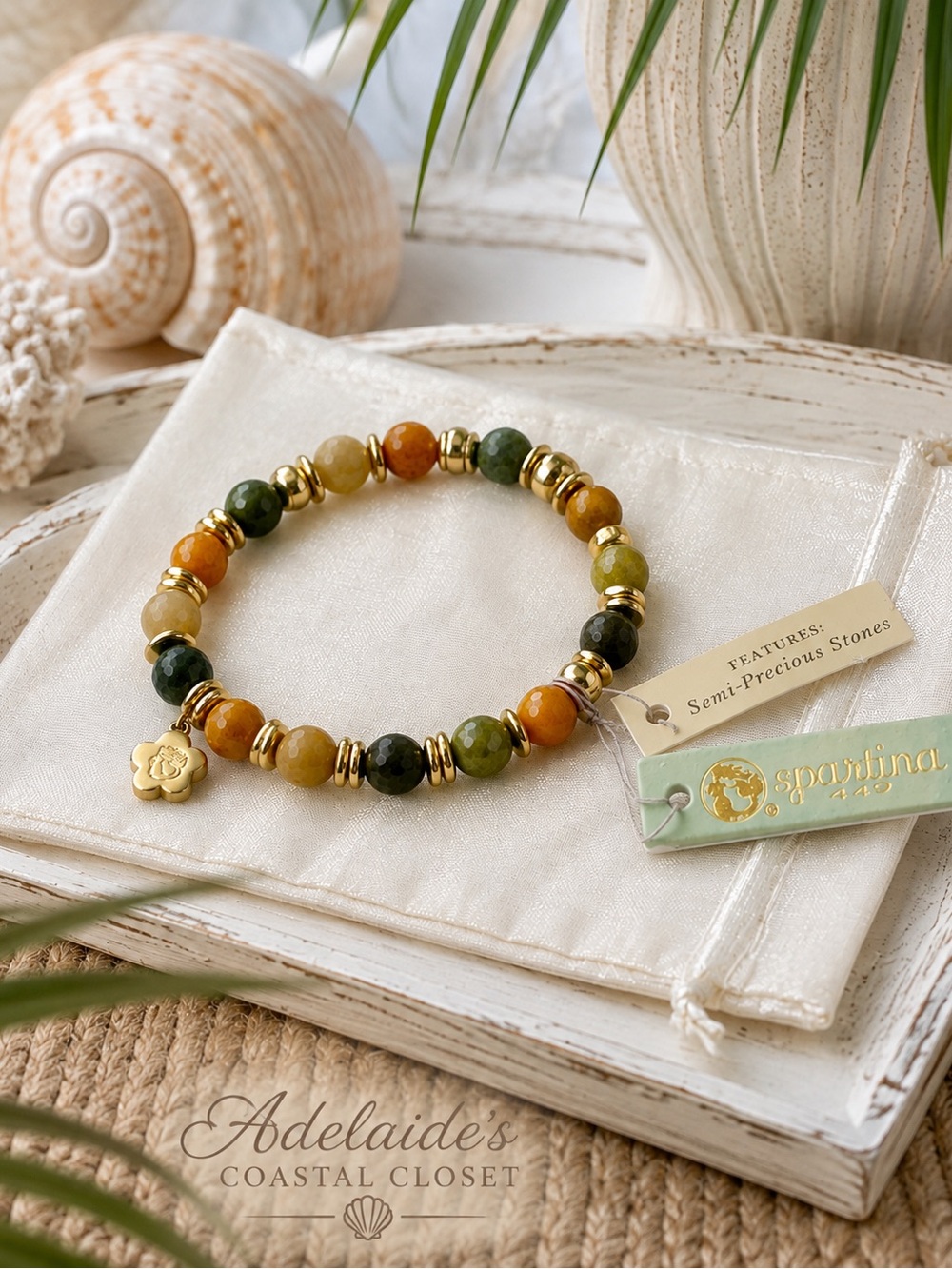 Spartina 449 Briolette Stretch Bracelet 8mm Natural Green NWT